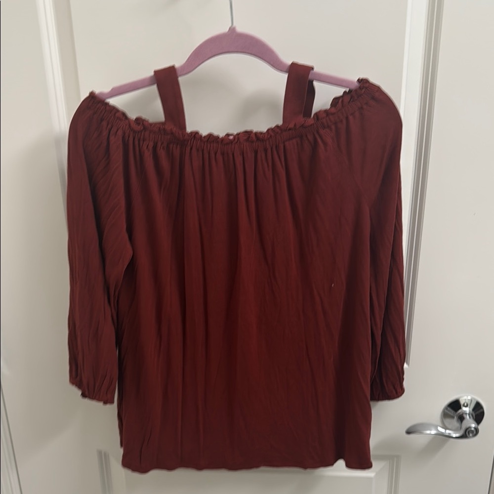 Red Smocked Relaxed Blouse with Three-Quarter Sleeves